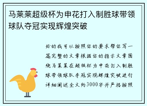 马莱莱超级杯为申花打入制胜球带领球队夺冠实现辉煌突破